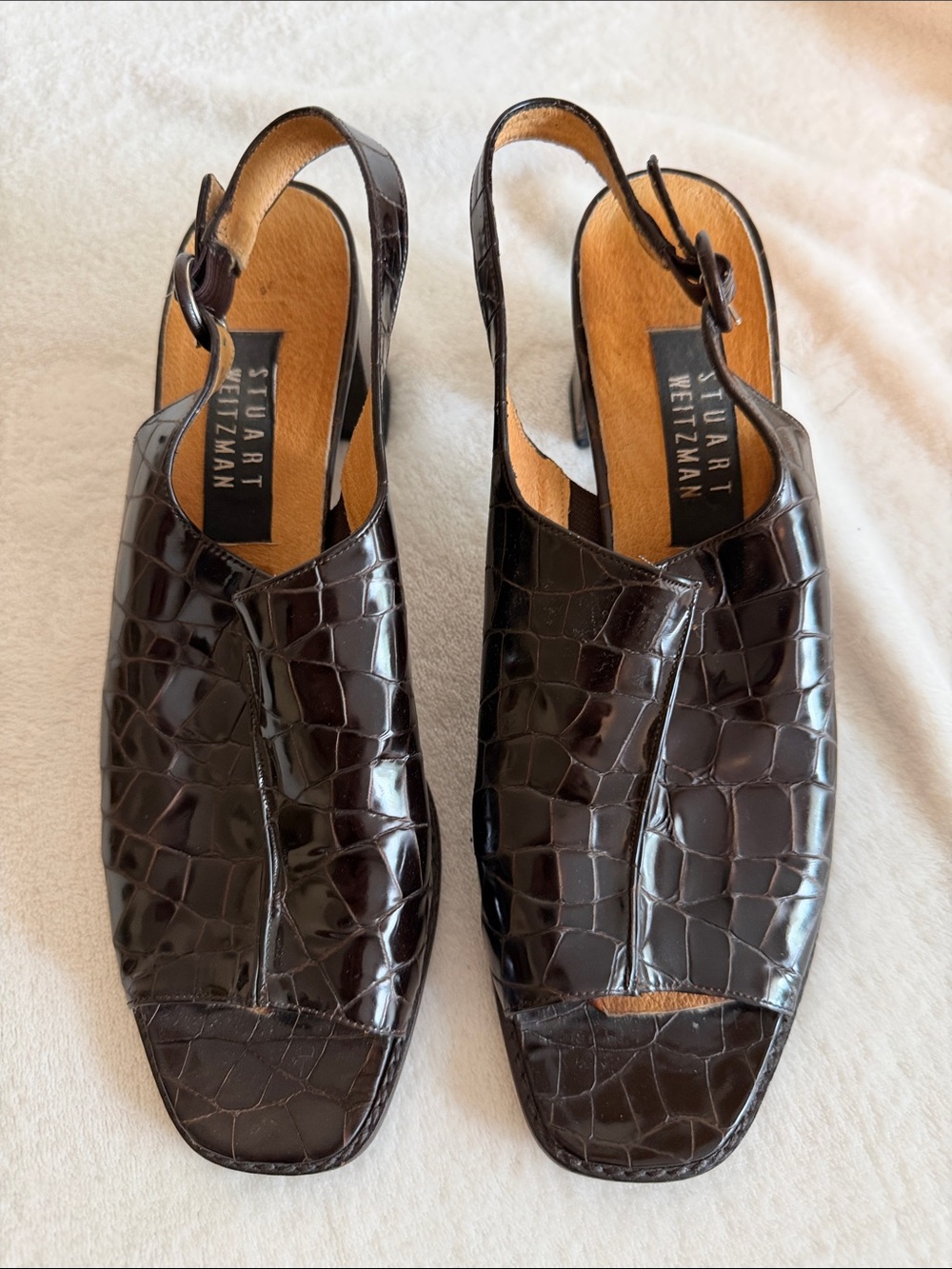 Stuart Weitzman Dark Brown Croc-Embossed Slingback Mules 9 1/2 AA